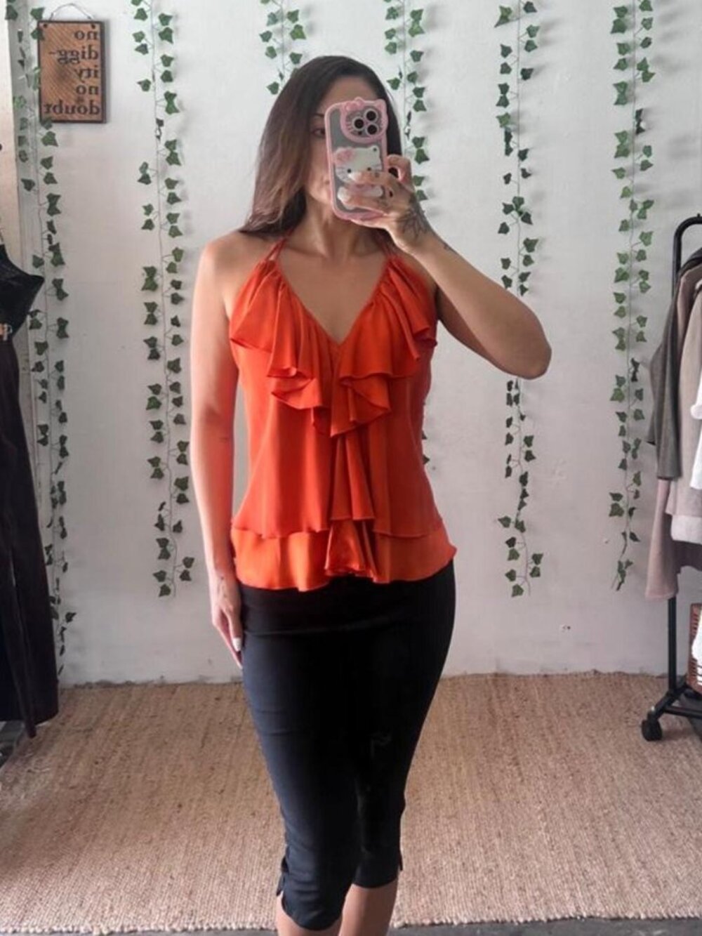 Sigal A Los Angeles orange 100% silk ruffle halter top size small